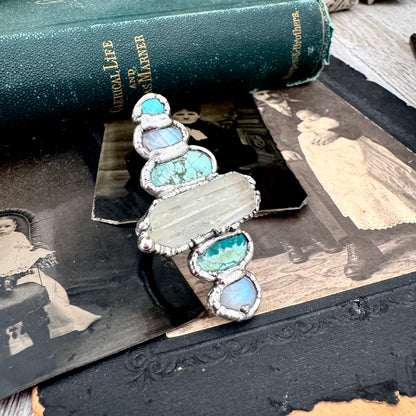 Multi Stone Turquoise Rainbow Moonstone & Clear Quartz Ring In Fine Silver Size 8 / Foxlark Collection