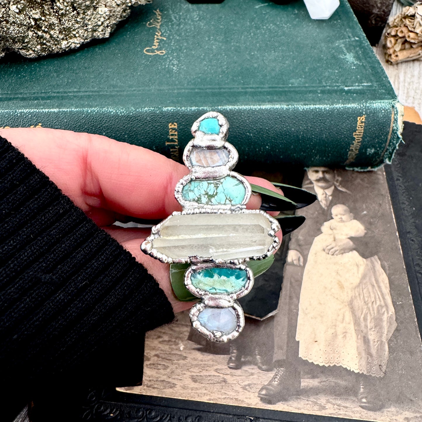 Multi Stone Turquoise Rainbow Moonstone & Clear Quartz Ring In Fine Silver Size 8 / Foxlark Collection