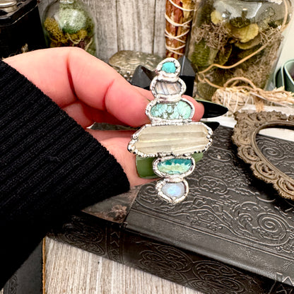 Multi Stone Turquoise Rainbow Moonstone & Clear Quartz Ring In Fine Silver Size 8 / Foxlark Collection