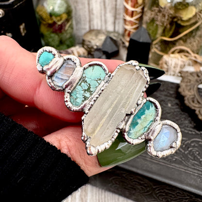 Multi Stone Turquoise Rainbow Moonstone & Clear Quartz Ring In Fine Silver Size 8 / Foxlark Collection