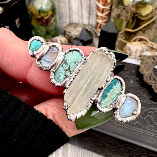 Multi Stone Turquoise Rainbow Moonstone & Clear Quartz Ring In Fine Silver Size 8 / Foxlark Collection