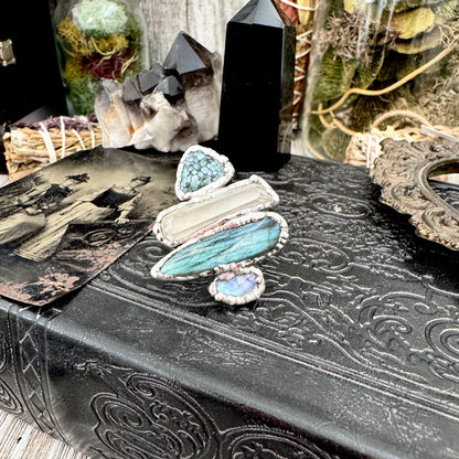 Multi Stone Turquoise Clear Quartz Labradorite & Rainbow Moonstone Ring In Fine Silver Size 8 / Foxlark Collection