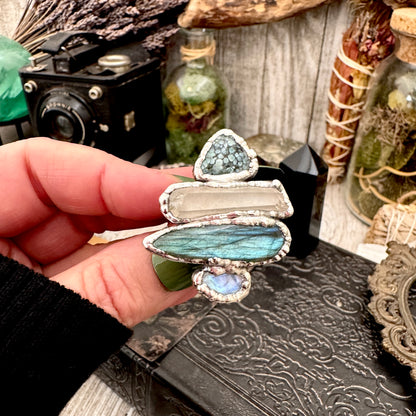 Multi Stone Turquoise Clear Quartz Labradorite & Rainbow Moonstone Ring In Fine Silver Size 8 / Foxlark Collection