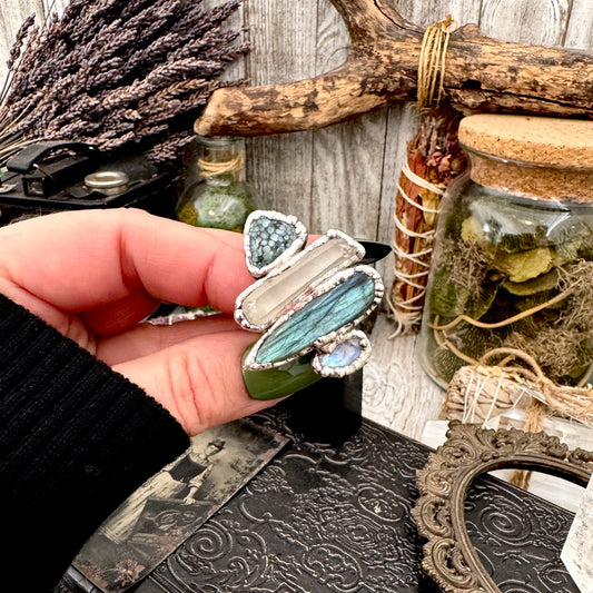 Multi Stone Turquoise Clear Quartz Labradorite & Rainbow Moonstone Ring In Fine Silver Size 8 / Foxlark Collection