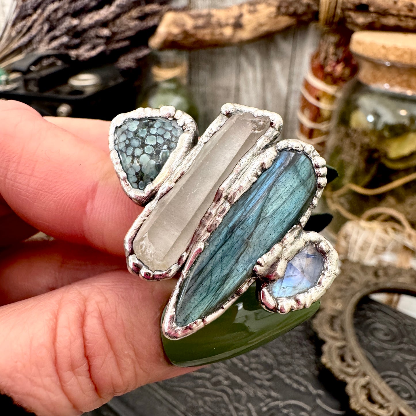 Multi Stone Turquoise Clear Quartz Labradorite & Rainbow Moonstone Ring In Fine Silver Size 8 / Foxlark Collection