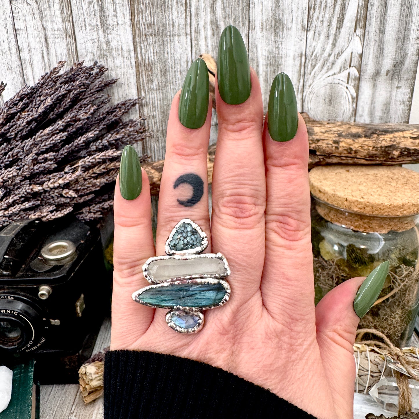 Multi Stone Turquoise Clear Quartz Labradorite & Rainbow Moonstone Ring In Fine Silver Size 8 / Foxlark Collection