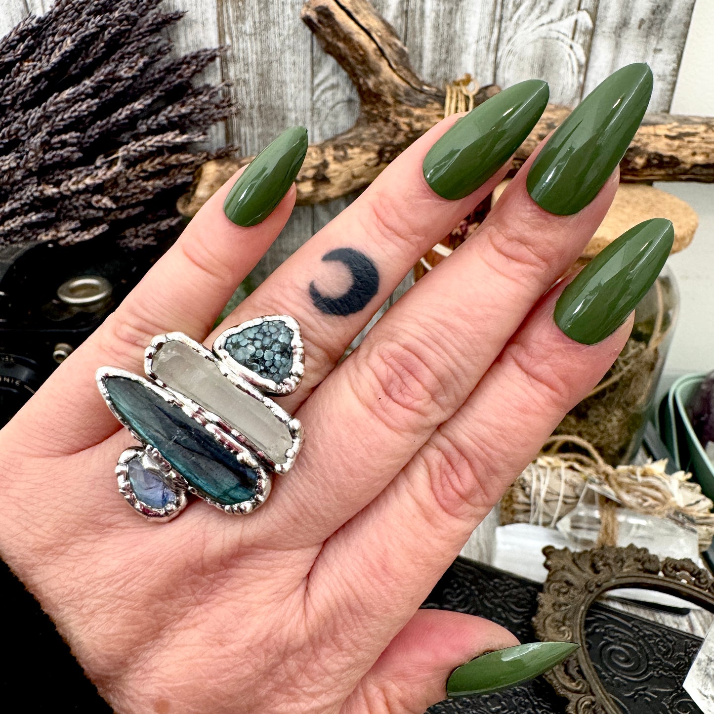 Multi Stone Turquoise Clear Quartz Labradorite & Rainbow Moonstone Ring In Fine Silver Size 8 / Foxlark Collection