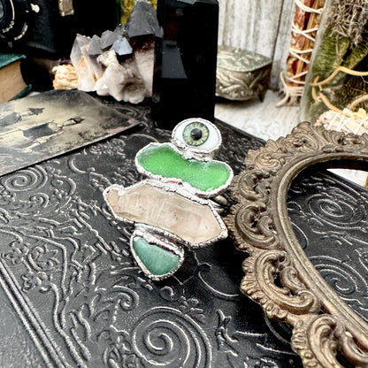 Multi Stone Glass Eye Sea Glass Clear Quartz & Aventurine  Ring In Fine Silver Size 10 / Foxlark Collection