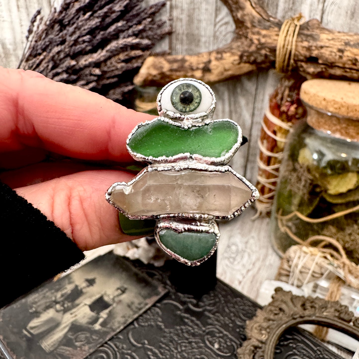 Multi Stone Glass Eye Sea Glass Clear Quartz & Aventurine  Ring In Fine Silver Size 10 / Foxlark Collection