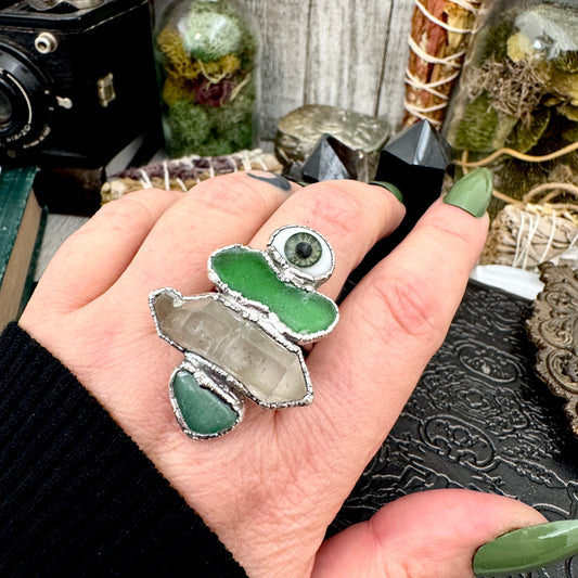 Multi Stone Glass Eye Sea Glass Clear Quartz & Aventurine  Ring In Fine Silver Size 10 / Foxlark Collection