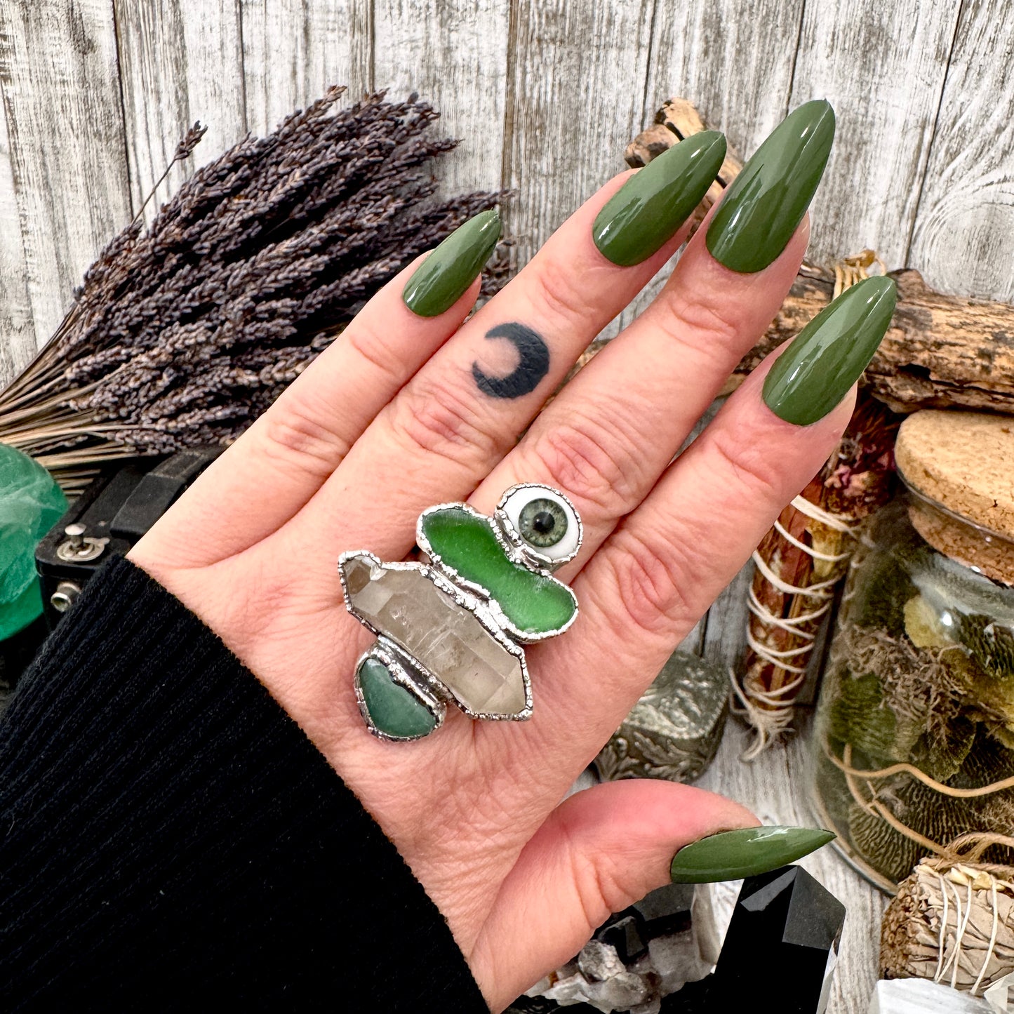 Multi Stone Glass Eye Sea Glass Clear Quartz & Aventurine  Ring In Fine Silver Size 10 / Foxlark Collection