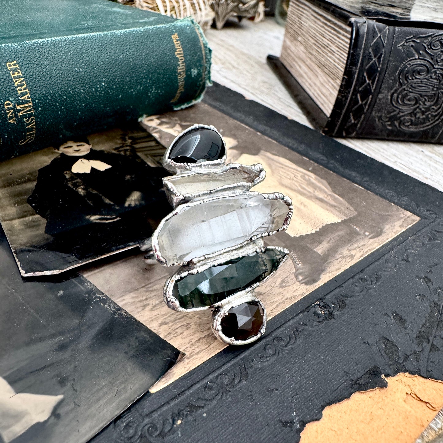Multi Stone Black Obsidian Smoky Quartz Clear Quartz & Moss Agate Ring In Fine Silver Size 11 / Foxlark Collection