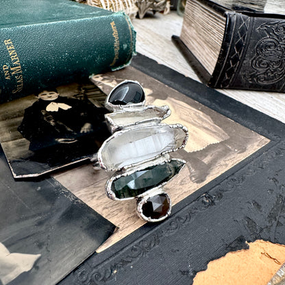 Multi Stone Black Obsidian Smoky Quartz Clear Quartz & Moss Agate Ring In Fine Silver Size 11 / Foxlark Collection
