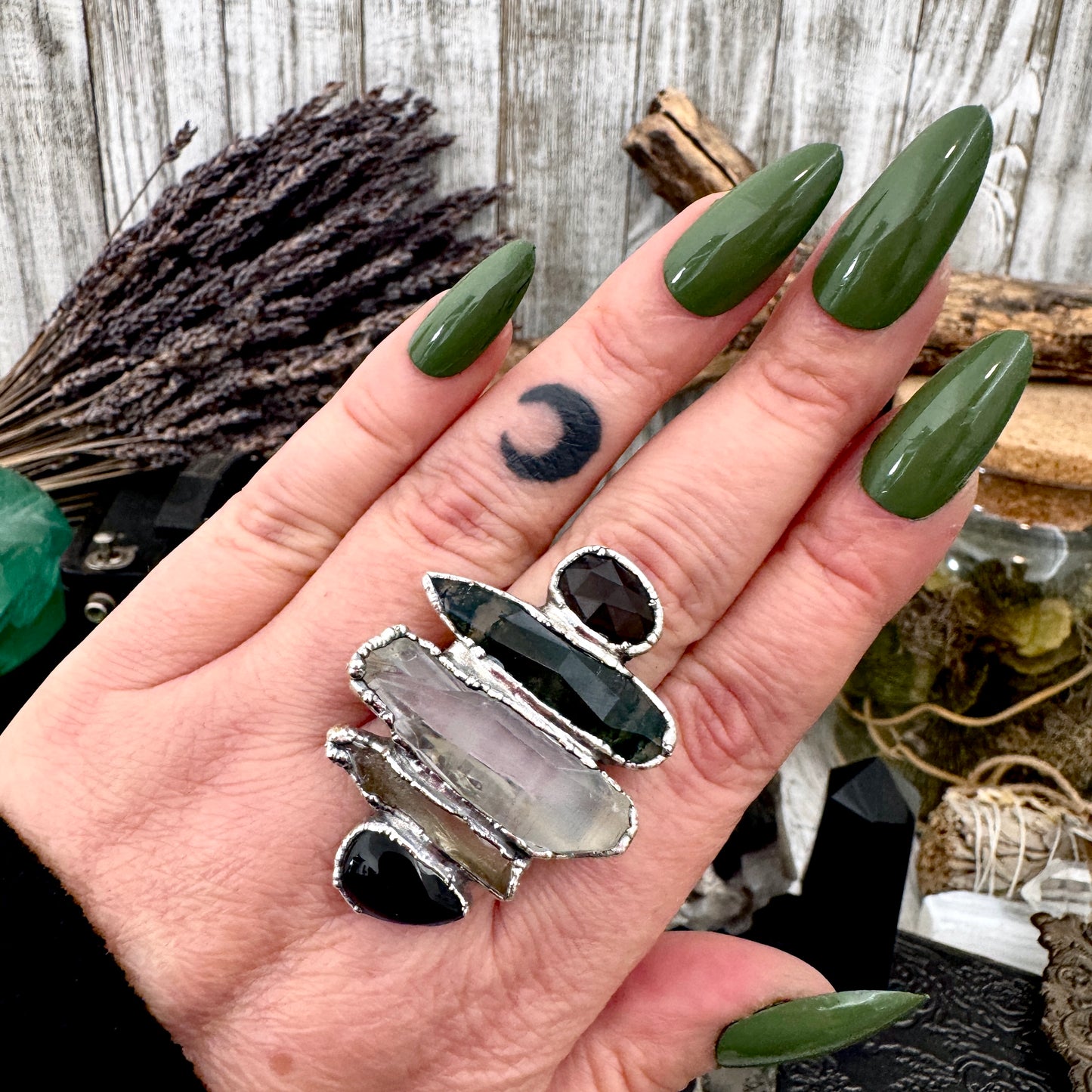 Multi Stone Black Obsidian Smoky Quartz Clear Quartz & Moss Agate Ring In Fine Silver Size 11 / Foxlark Collection