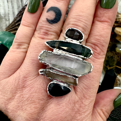 Multi Stone Black Obsidian Smoky Quartz Clear Quartz & Moss Agate Ring In Fine Silver Size 11 / Foxlark Collection