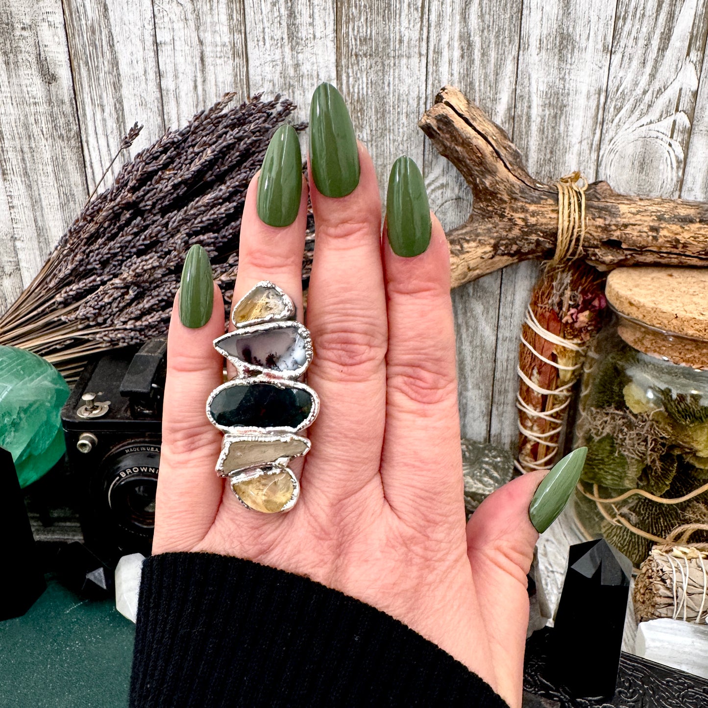 Multi Stone Citrine Dendritic Agate Bloodstone & Clear Quartz  Ring In Fine Silver Size 7 / Foxlark Collection