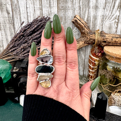 Multi Stone Citrine Dendritic Agate Bloodstone & Clear Quartz  Ring In Fine Silver Size 7 / Foxlark Collection