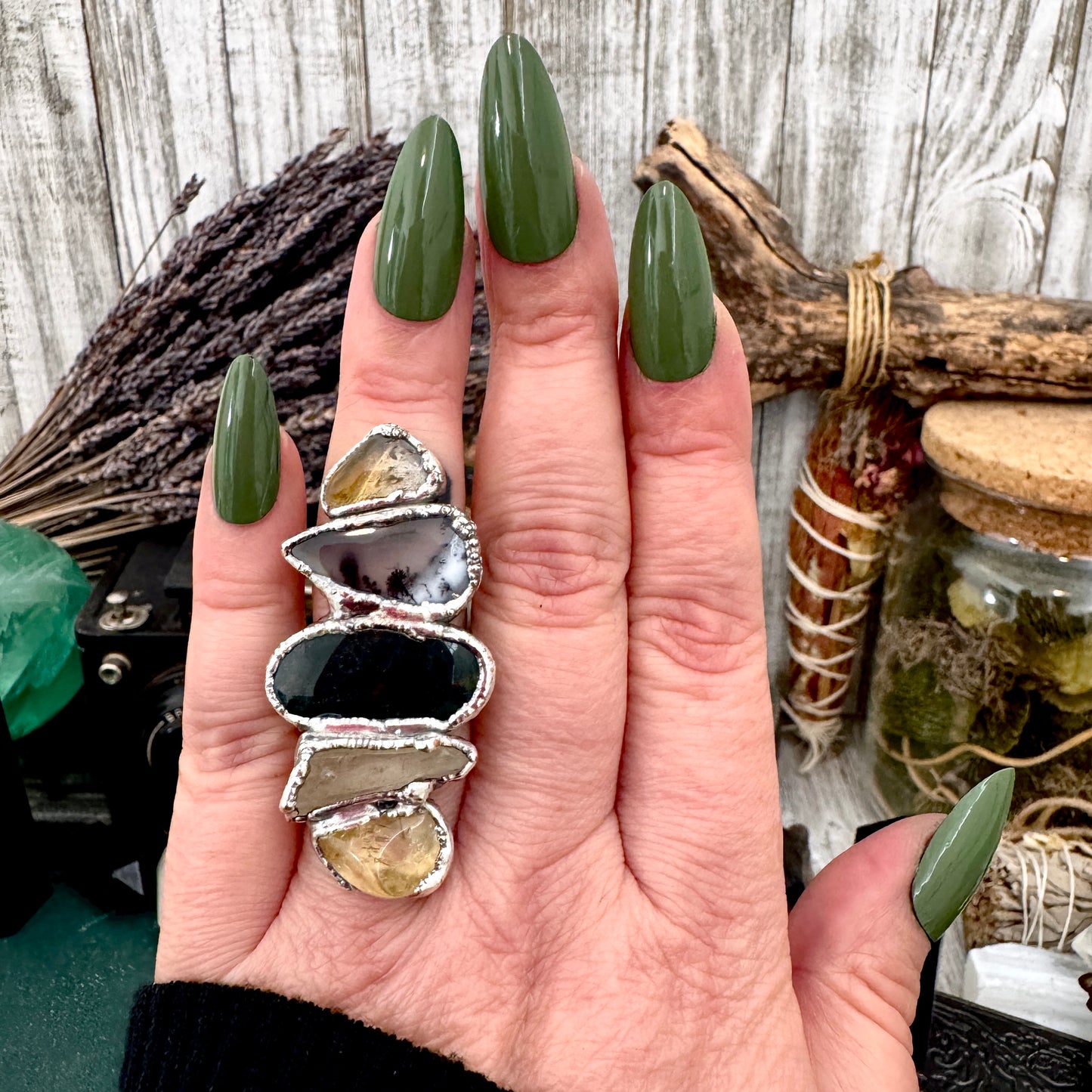 Multi Stone Citrine Dendritic Agate Bloodstone & Clear Quartz  Ring In Fine Silver Size 7 / Foxlark Collection