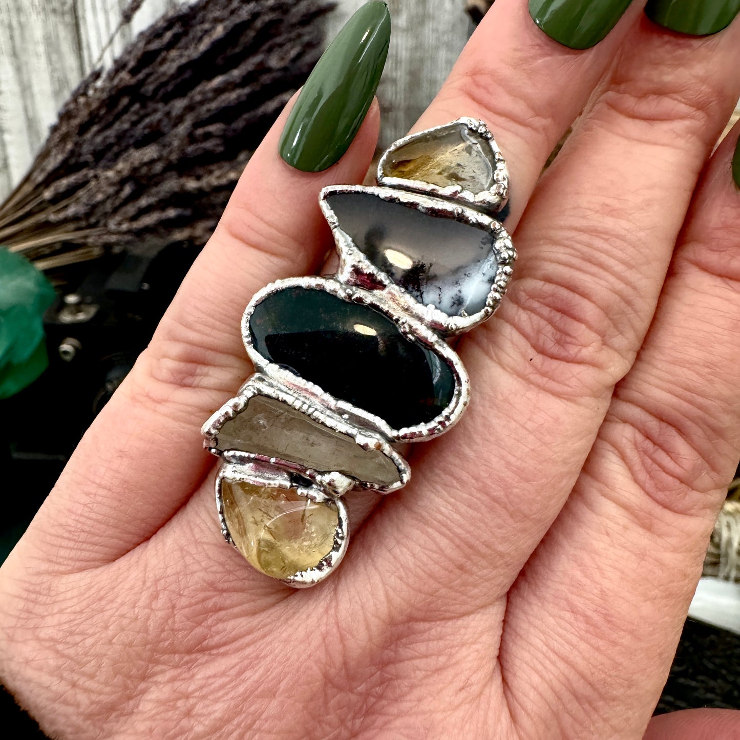Multi Stone Citrine Dendritic Agate Bloodstone & Clear Quartz  Ring In Fine Silver Size 7 / Foxlark Collection