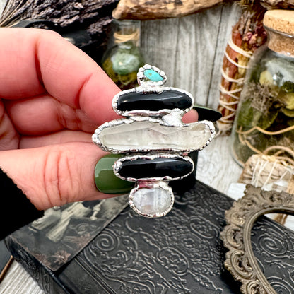 Multi Stone Turquoise Black Onyx Clear Quartz & Rainbow Moonstone Ring In Fine Silver Size 10 / Foxlark Collection