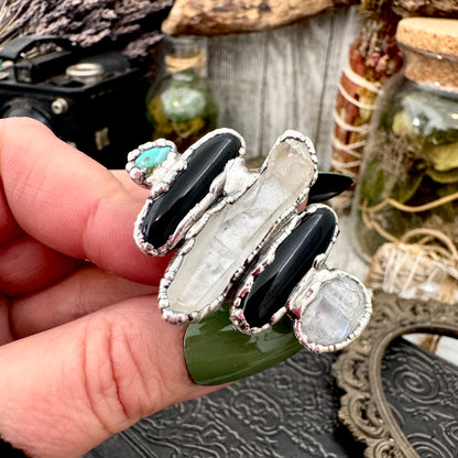 Multi Stone Turquoise Black Onyx Clear Quartz & Rainbow Moonstone Ring In Fine Silver Size 10 / Foxlark Collection