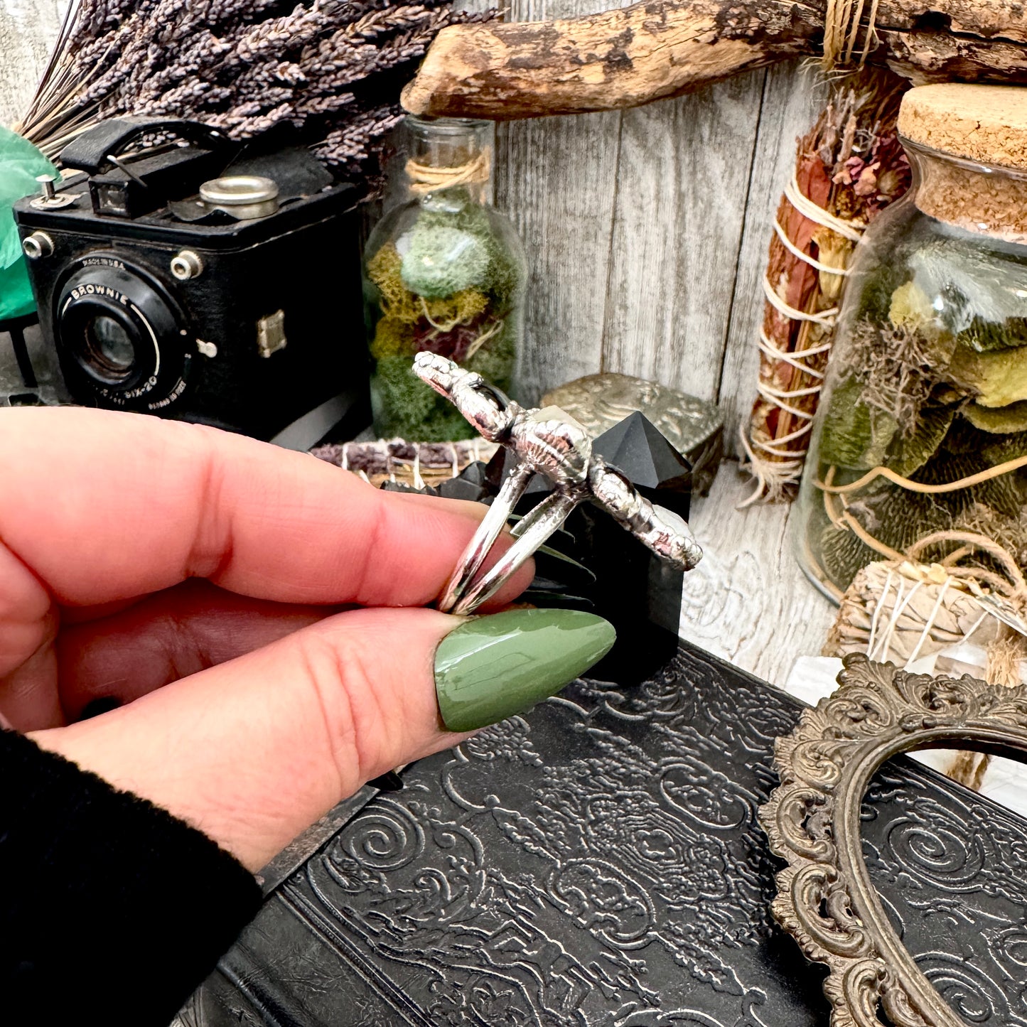 Multi Stone Turquoise Black Onyx Clear Quartz & Rainbow Moonstone Ring In Fine Silver Size 10 / Foxlark Collection