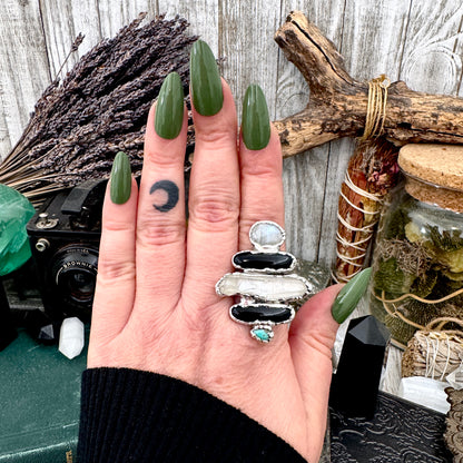 Multi Stone Turquoise Black Onyx Clear Quartz & Rainbow Moonstone Ring In Fine Silver Size 10 / Foxlark Collection