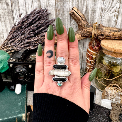 Multi Stone Turquoise Black Onyx Clear Quartz & Rainbow Moonstone Ring In Fine Silver Size 10 / Foxlark Collection