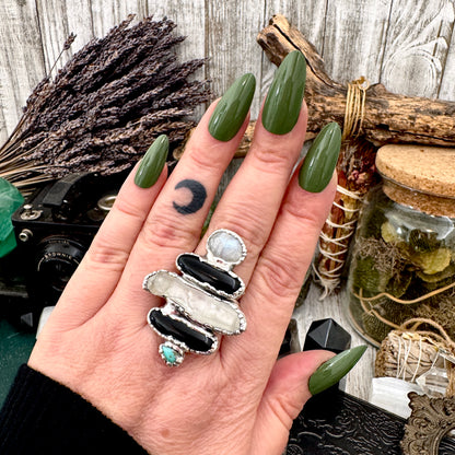 Multi Stone Turquoise Black Onyx Clear Quartz & Rainbow Moonstone Ring In Fine Silver Size 10 / Foxlark Collection
