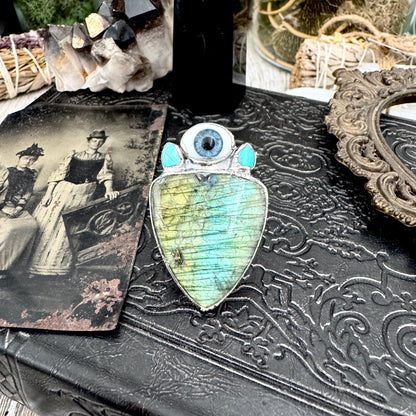 Multi Stone Turquoise Glass Eye  & Labradorite  Ring In Fine Silver Size 9 / Foxlark Collection