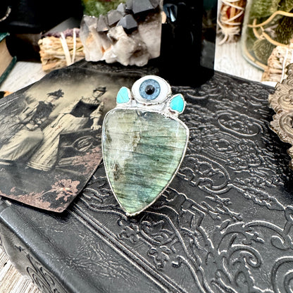 Multi Stone Turquoise Glass Eye  & Labradorite  Ring In Fine Silver Size 9 / Foxlark Collection