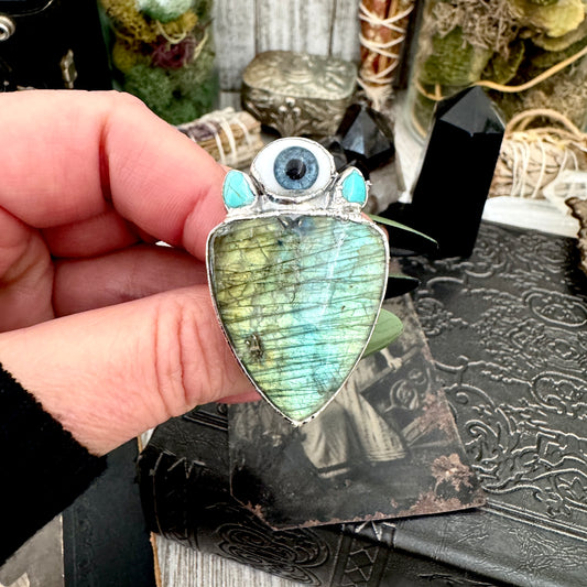 Multi Stone Turquoise Glass Eye & Labradorite Ring In Fine Silver Size 9 / Foxlark Collection
