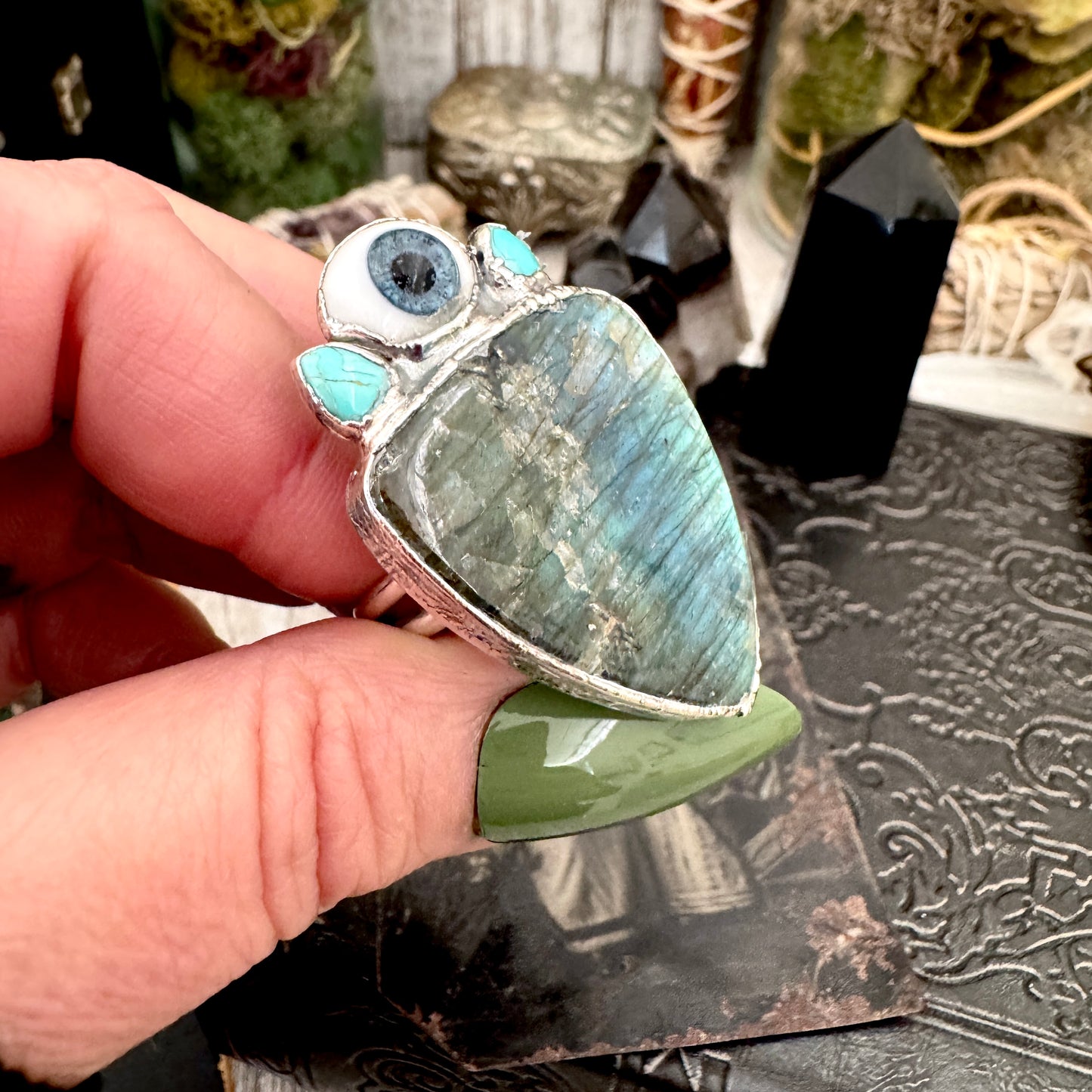Multi Stone Turquoise Glass Eye  & Labradorite  Ring In Fine Silver Size 9 / Foxlark Collection
