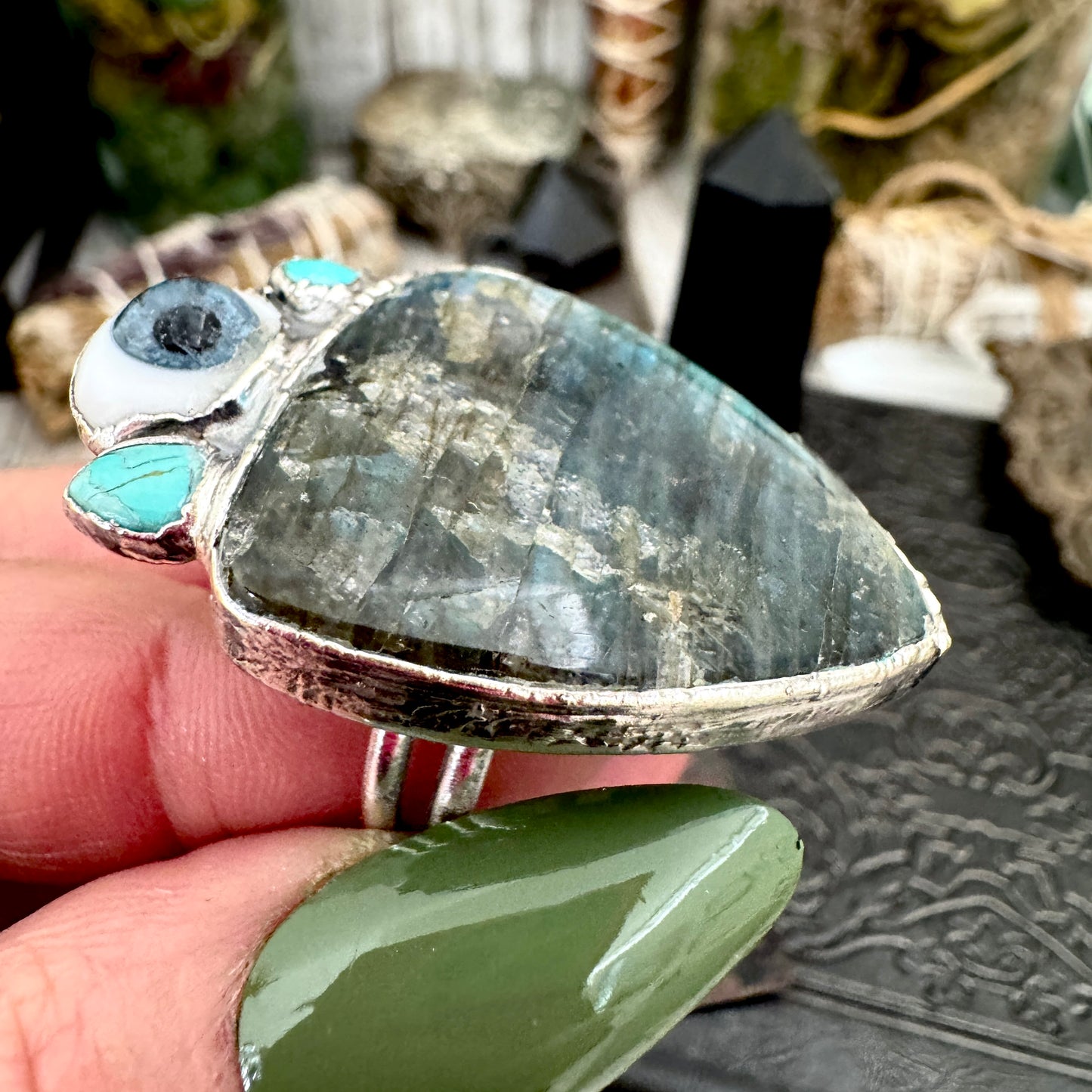 Multi Stone Turquoise Glass Eye  & Labradorite  Ring In Fine Silver Size 9 / Foxlark Collection