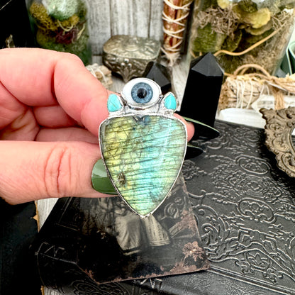 Multi Stone Turquoise Glass Eye  & Labradorite  Ring In Fine Silver Size 9 / Foxlark Collection