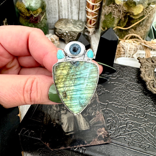 Multi Stone Turquoise Glass Eye  & Labradorite  Ring In Fine Silver Size 9 / Foxlark Collection
