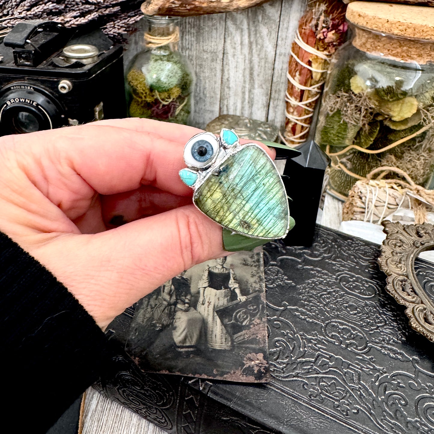 Multi Stone Turquoise Glass Eye  & Labradorite  Ring In Fine Silver Size 9 / Foxlark Collection