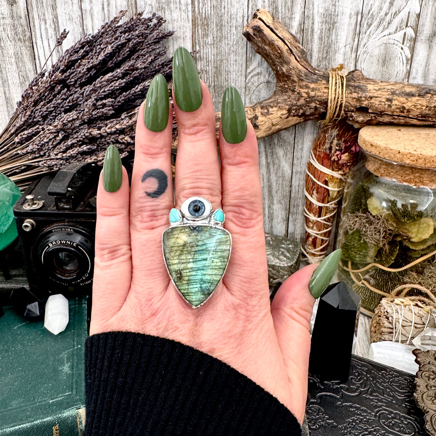Multi Stone Turquoise Glass Eye  & Labradorite  Ring In Fine Silver Size 9 / Foxlark Collection