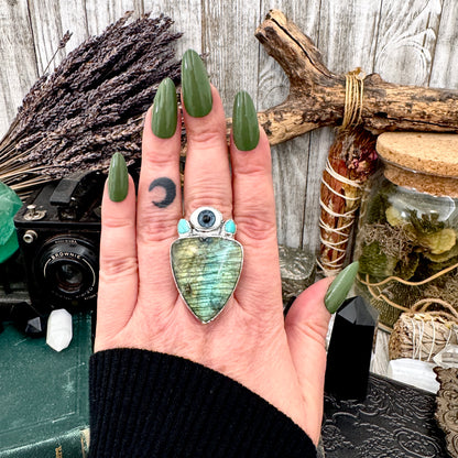 Multi Stone Turquoise Glass Eye  & Labradorite  Ring In Fine Silver Size 9 / Foxlark Collection