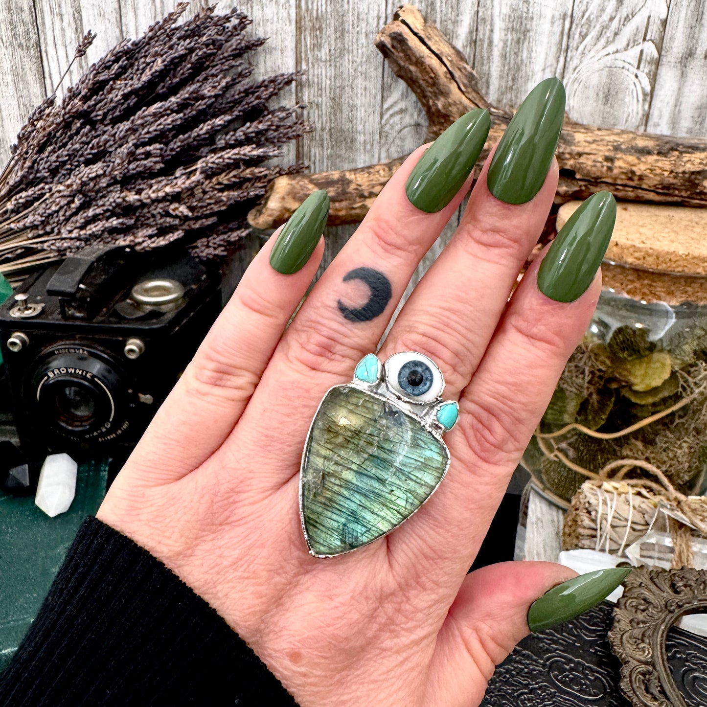 Multi Stone Turquoise Glass Eye  & Labradorite  Ring In Fine Silver Size 9 / Foxlark Collection