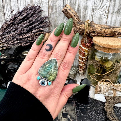Multi Stone Turquoise Glass Eye  & Labradorite  Ring In Fine Silver Size 9 / Foxlark Collection