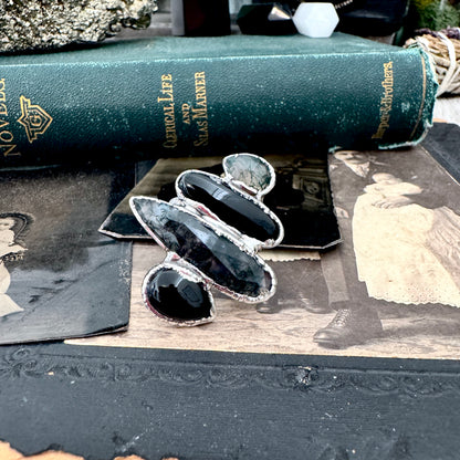 Multi Stone Obsidian Moss Agate & Black Onyx  Ring In Fine Silver Size 7 / Foxlark Collection