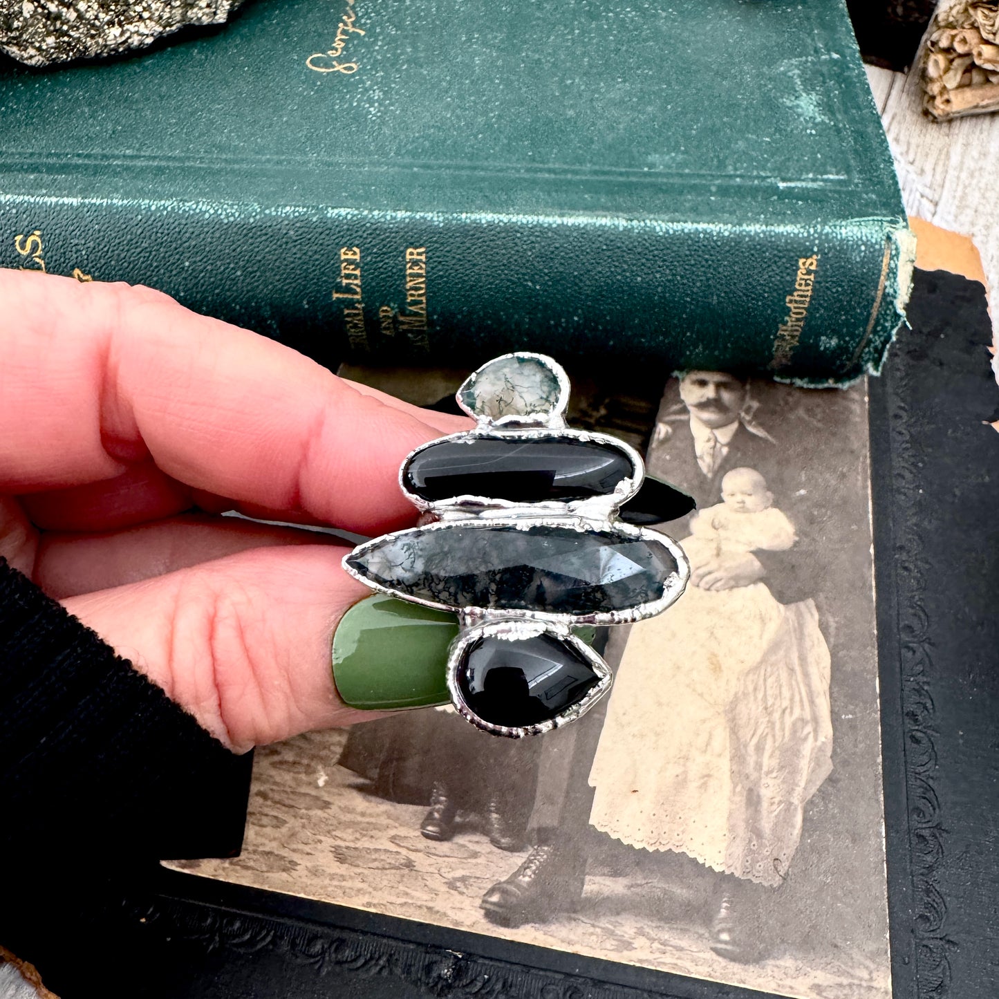 Multi Stone Obsidian Moss Agate & Black Onyx  Ring In Fine Silver Size 7 / Foxlark Collection