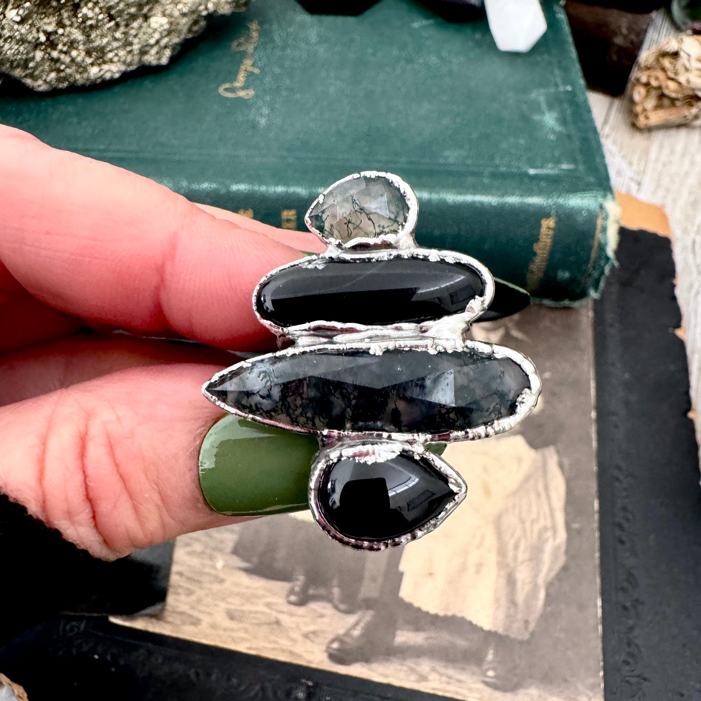 Multi Stone Obsidian Moss Agate & Black Onyx  Ring In Fine Silver Size 7 / Foxlark Collection