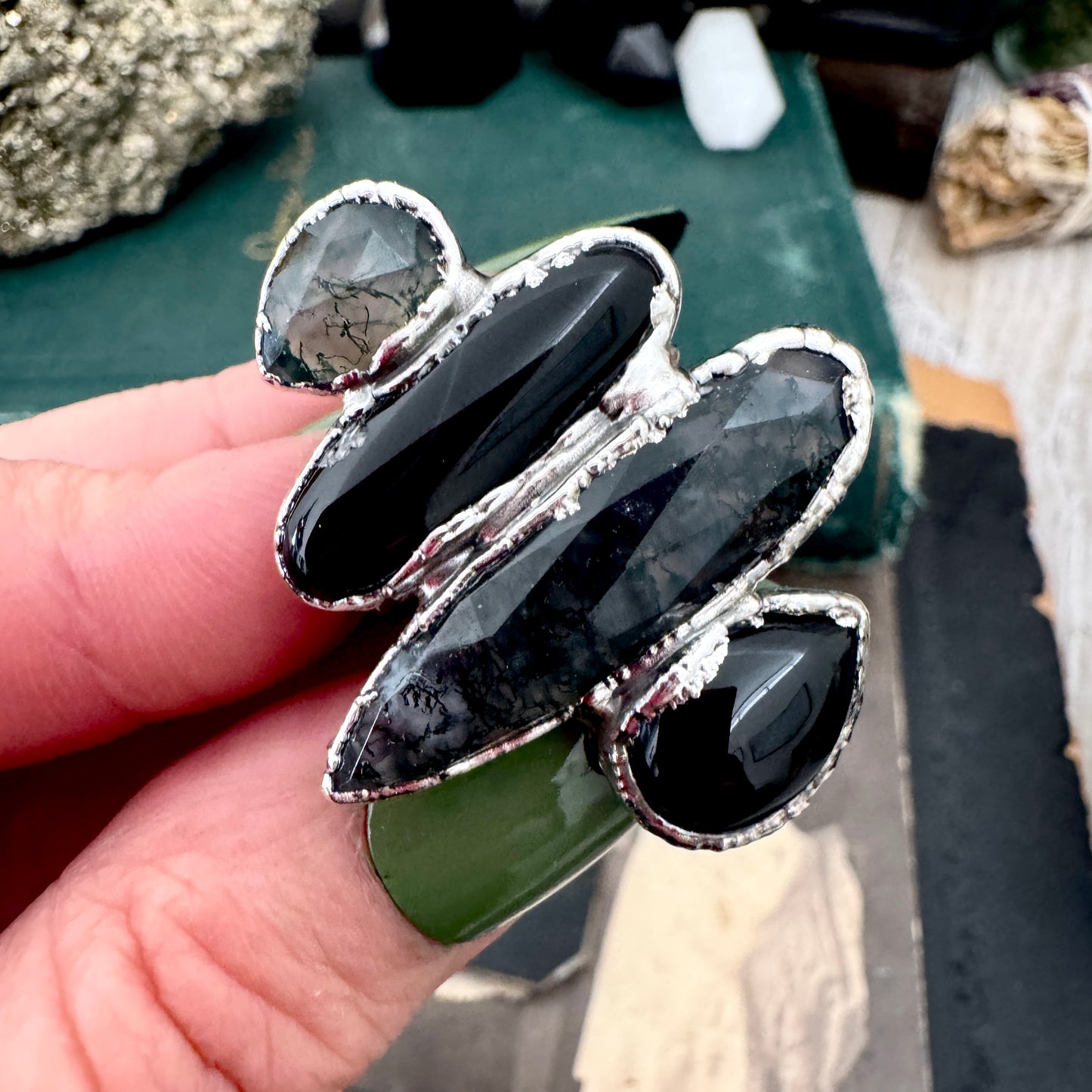 Multi Stone Obsidian Moss Agate & Black Onyx  Ring In Fine Silver Size 7 / Foxlark Collection