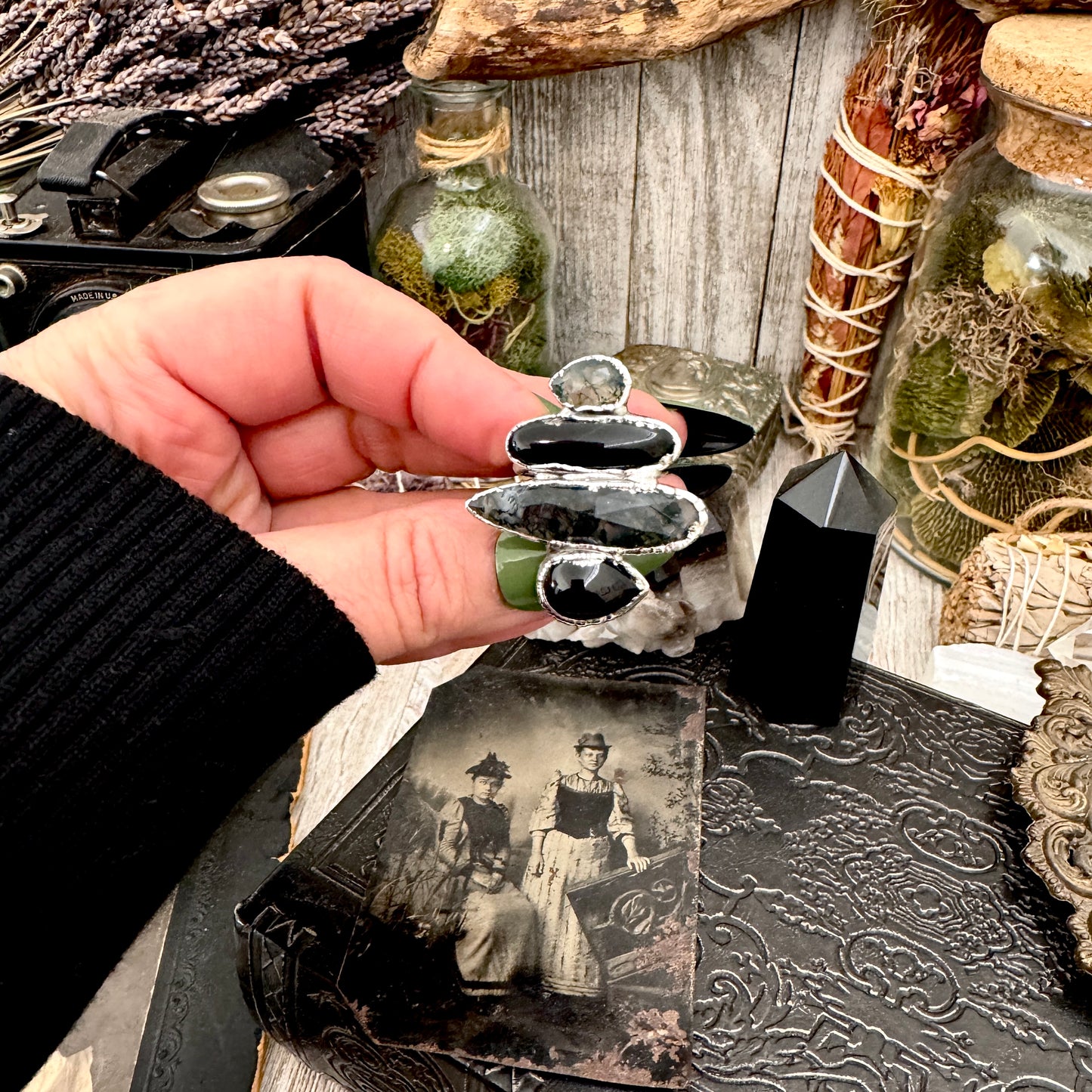 Multi Stone Obsidian Moss Agate & Black Onyx  Ring In Fine Silver Size 7 / Foxlark Collection