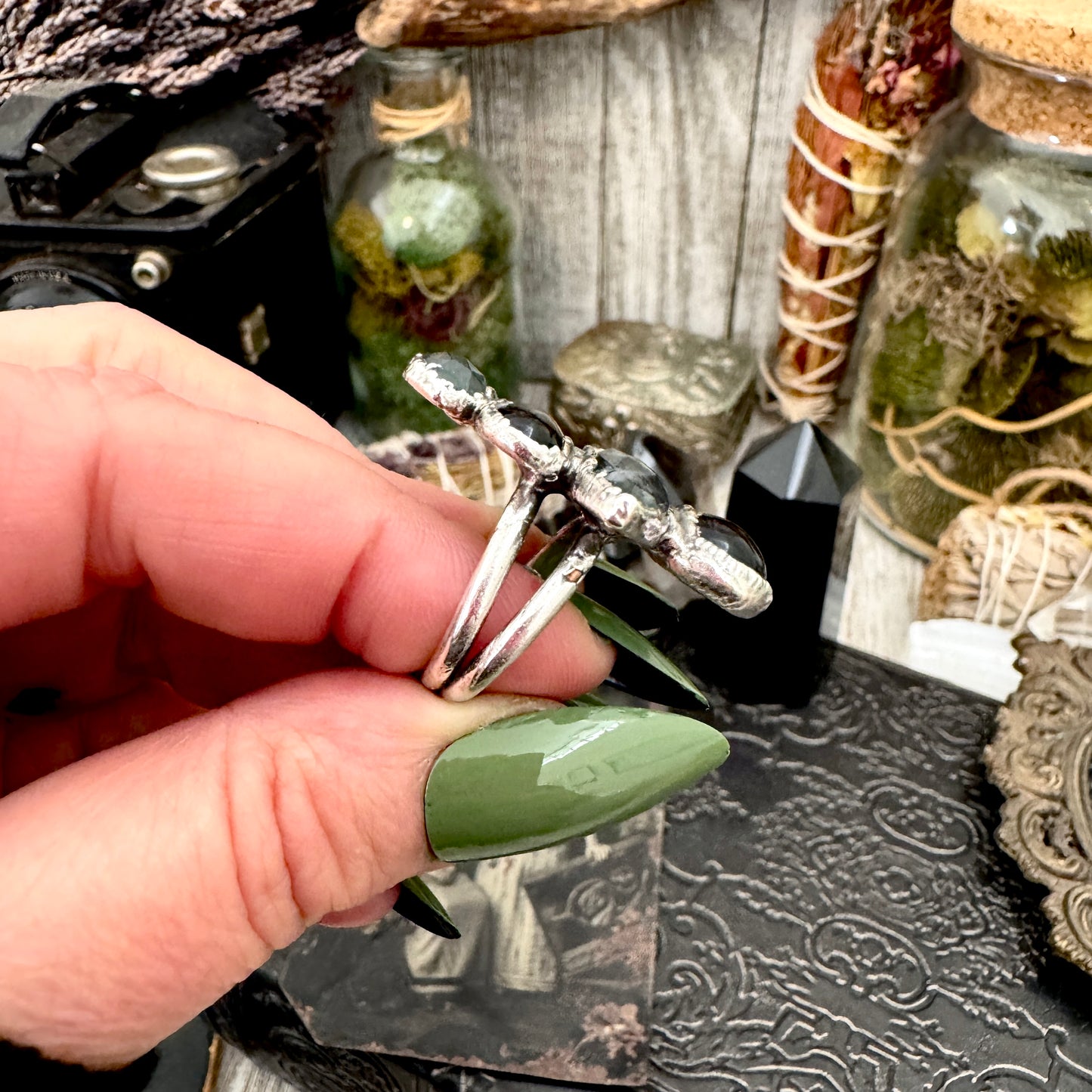 Multi Stone Obsidian Moss Agate & Black Onyx  Ring In Fine Silver Size 7 / Foxlark Collection