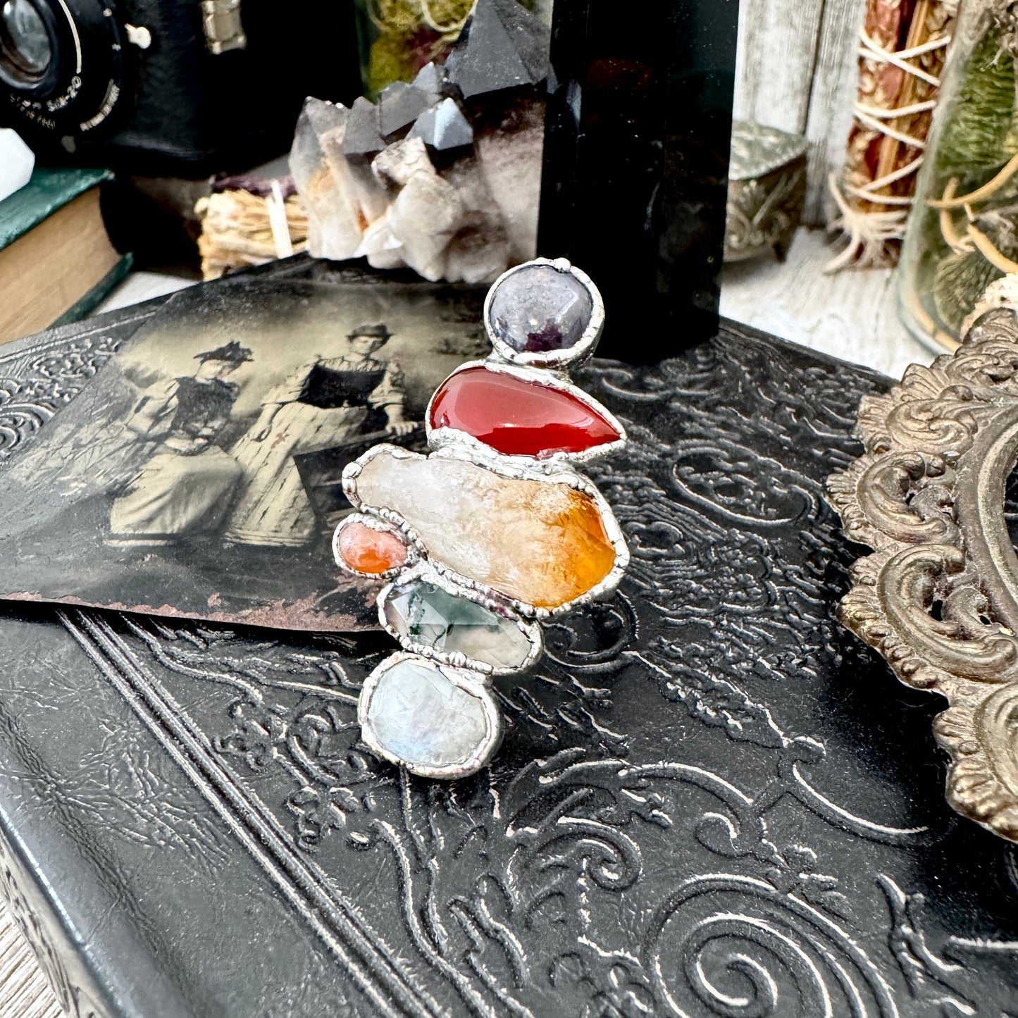 Multi Stone Rainbow Moonstone Moss Agate Citrine Carnelian & Star Ruby Ring In Fine Silver Size 8 / Foxlark Collection