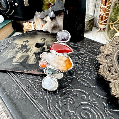Multi Stone Rainbow Moonstone Moss Agate Citrine Carnelian & Star Ruby Ring In Fine Silver Size 8 / Foxlark Collection