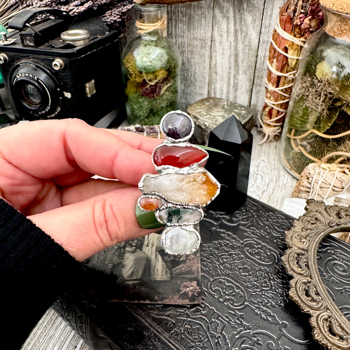 Multi Stone Rainbow Moonstone Moss Agate Citrine Carnelian & Star Ruby Ring In Fine Silver Size 8 / Foxlark Collection